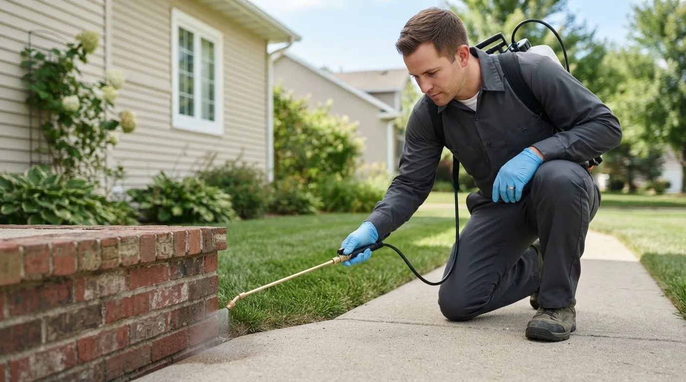 Pest control technician treating a home near Campbellsburg, IN